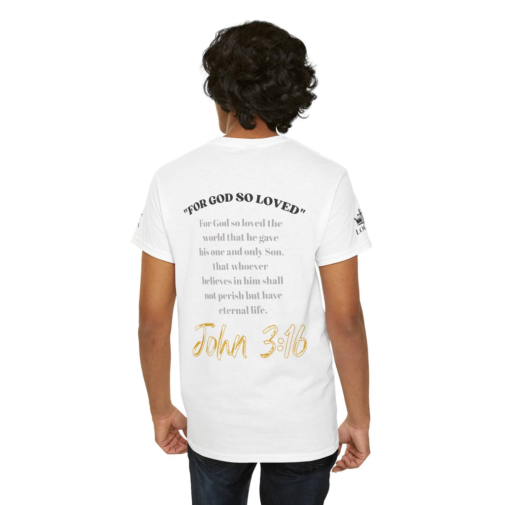 For God So Loved t-shirt featuring John 3:16 in gold lettering on the back