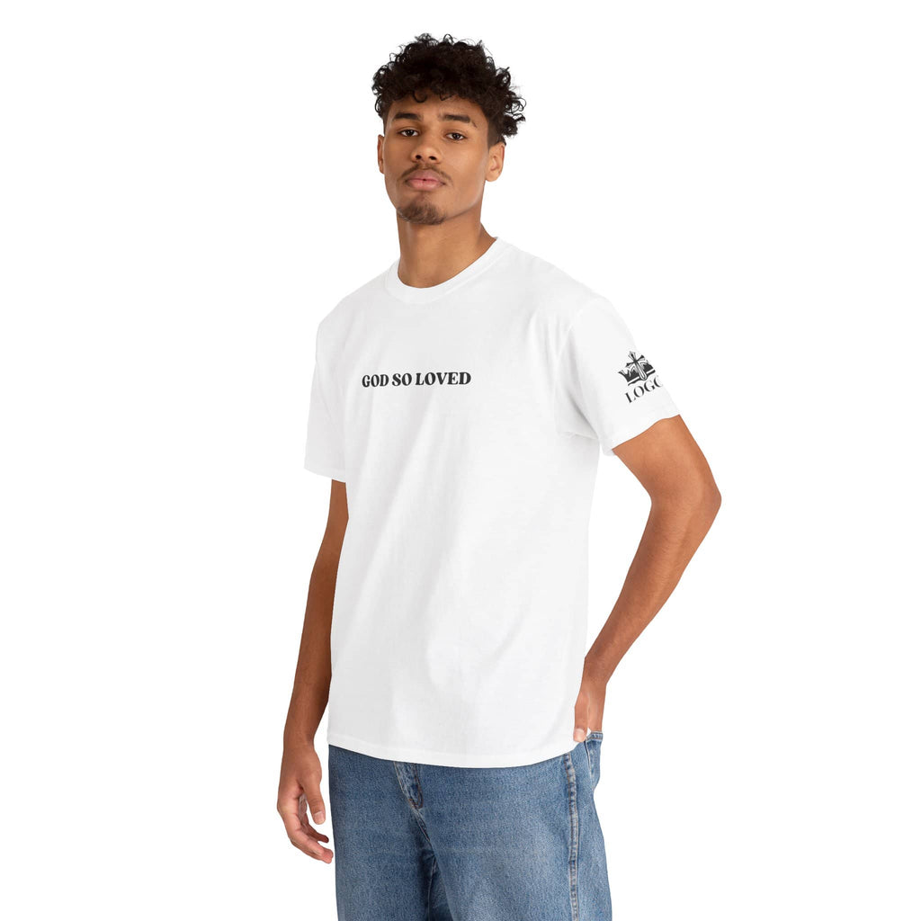 White For God So Loved t-shirt featuring a minimalist design with a classic fit