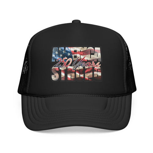 Black trucker hat featuring 250 Years Strong Vintage American Flag design, front view