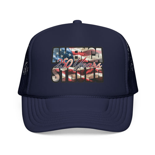 Trucker Hat with 250 Years Strong Vintage American Flag design in navy color, front view