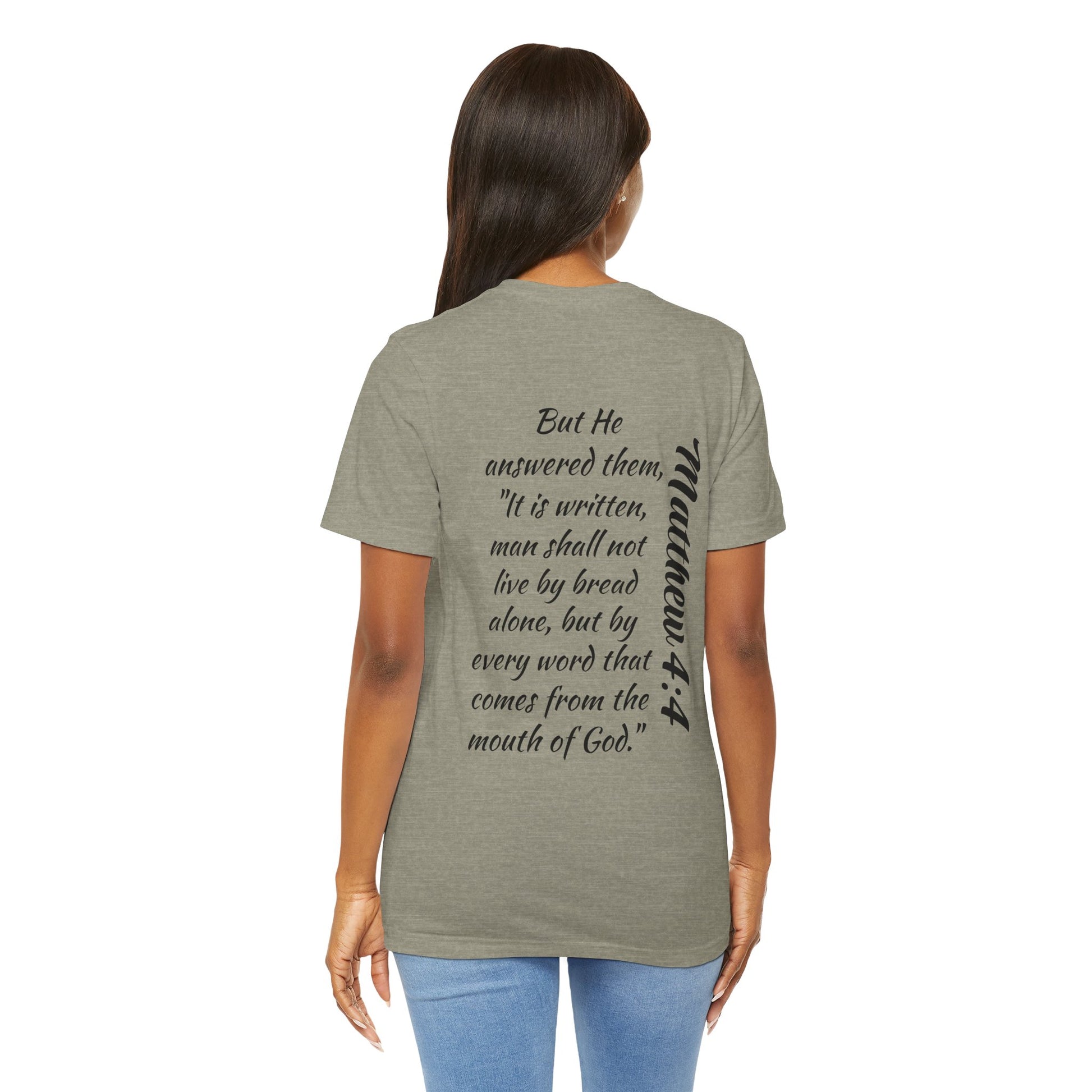 Word of Life Christian shirt in olive green with Bible verse Matthew 4:4 printed on the back