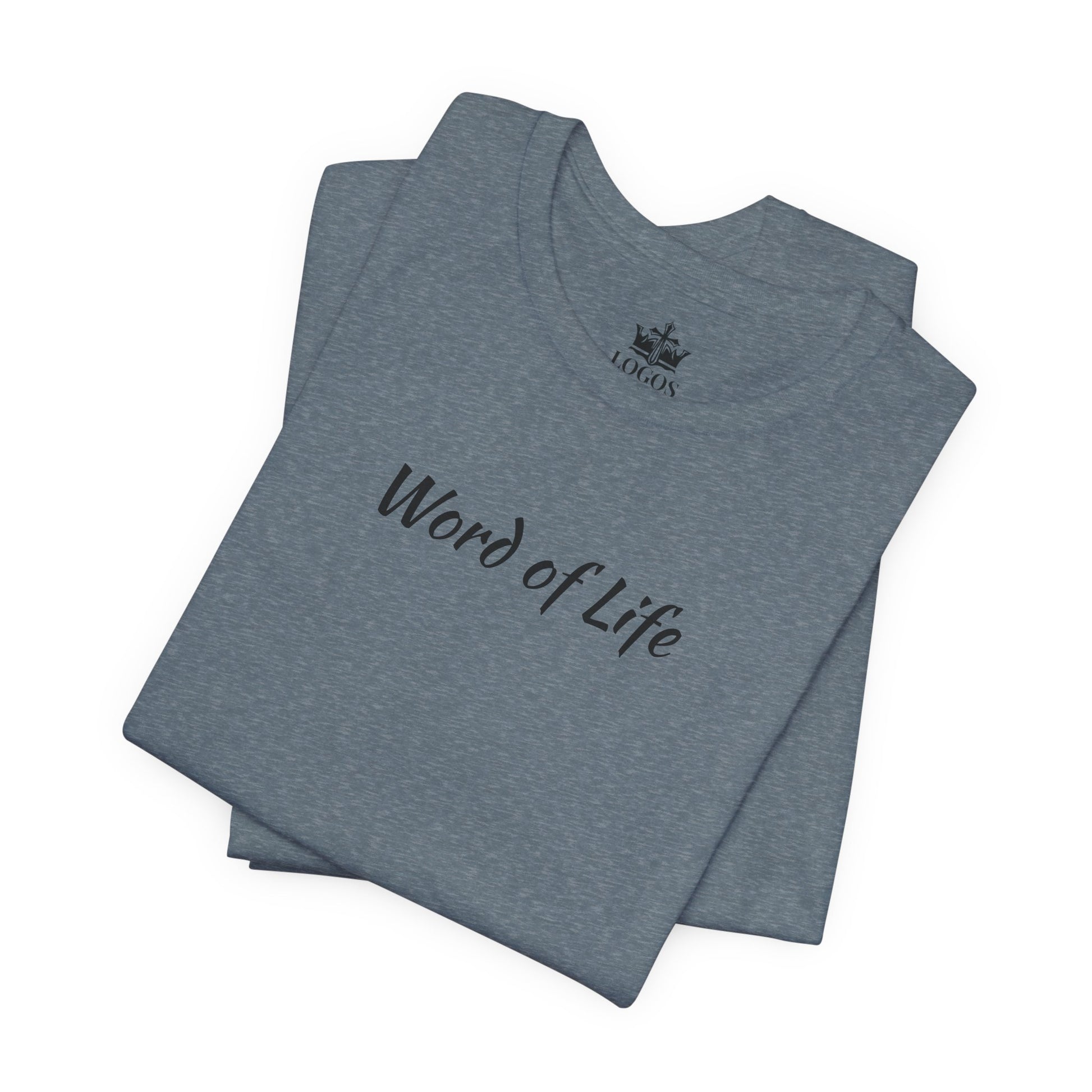 Word of Life Christian shirt in heather blue with black text folded neatly