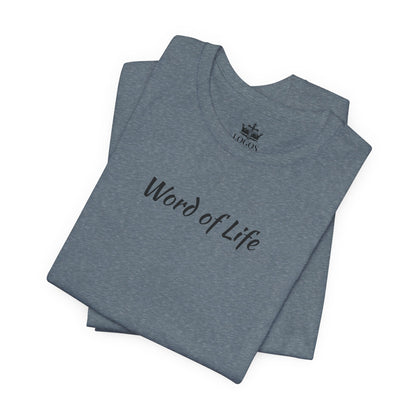 Word of Life Christian shirt in heather blue with black text folded neatly