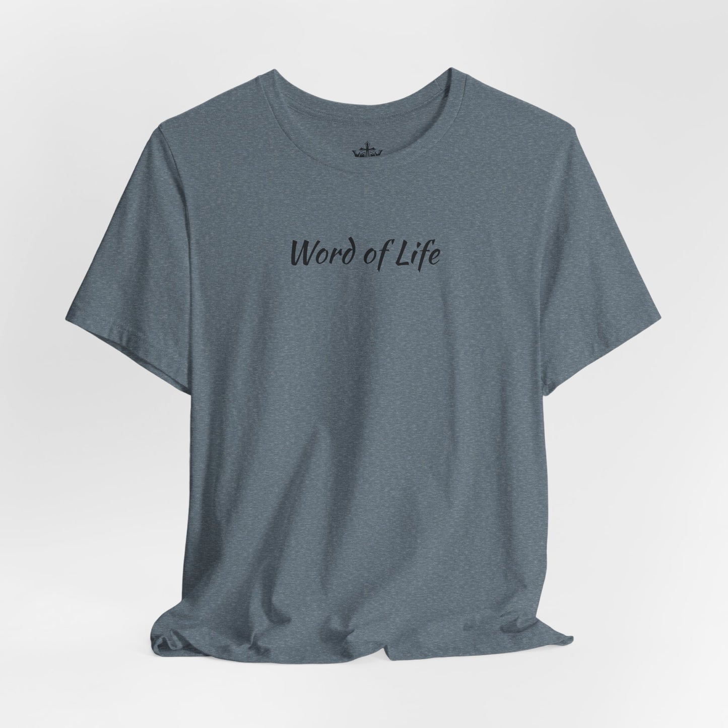 Gray Word of Life Christian shirt from Logos with simple black text design on front
