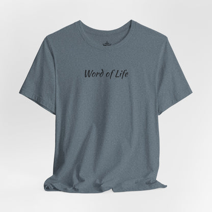 Gray Word of Life Christian shirt from Logos with simple black text design on front