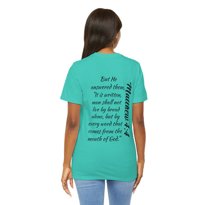 Word of Life Christian shirt in turquoise with Matthew 4:4 Bible verse printed on the back