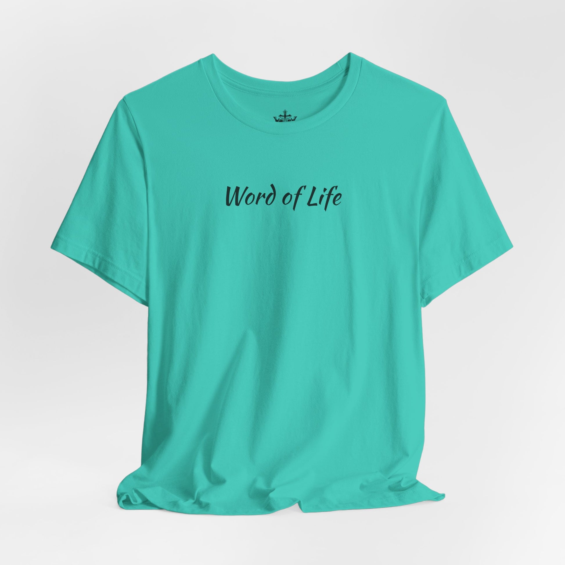 Turquoise Word of Life Christian shirt by Logos with simple black text design on front