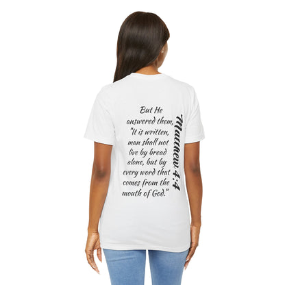 Word of Life Christian shirt white t-shirt with Bible verse Matthew 4:4 printed on back