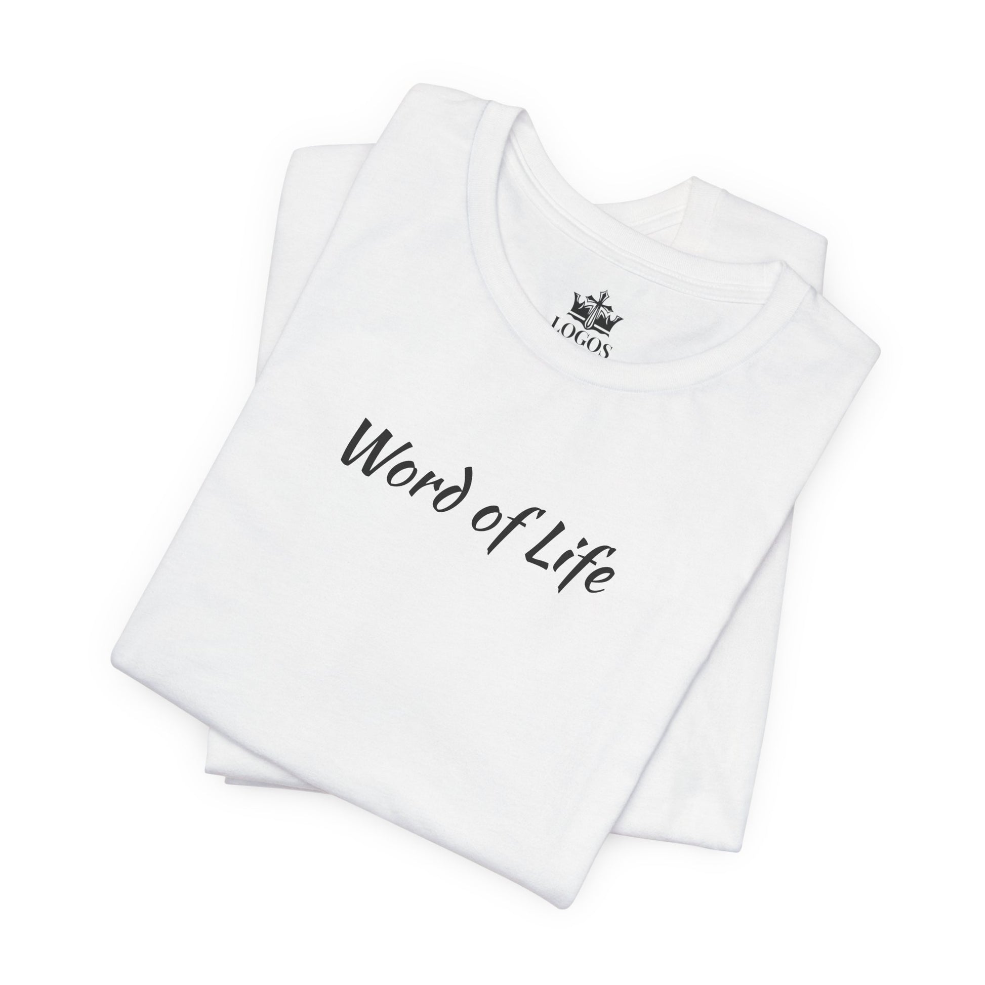 White Word of Life Christian shirt by Logos with simple black text design folded neatly