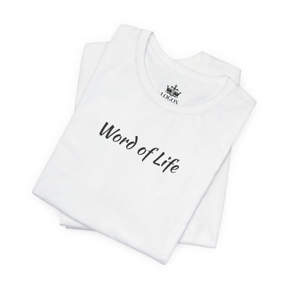 White Word of Life Christian shirt by Logos with simple black text design folded neatly