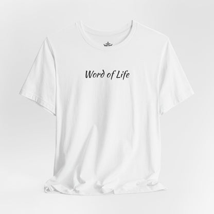 White Word of Life Christian shirt by Logos with simple black text design on front